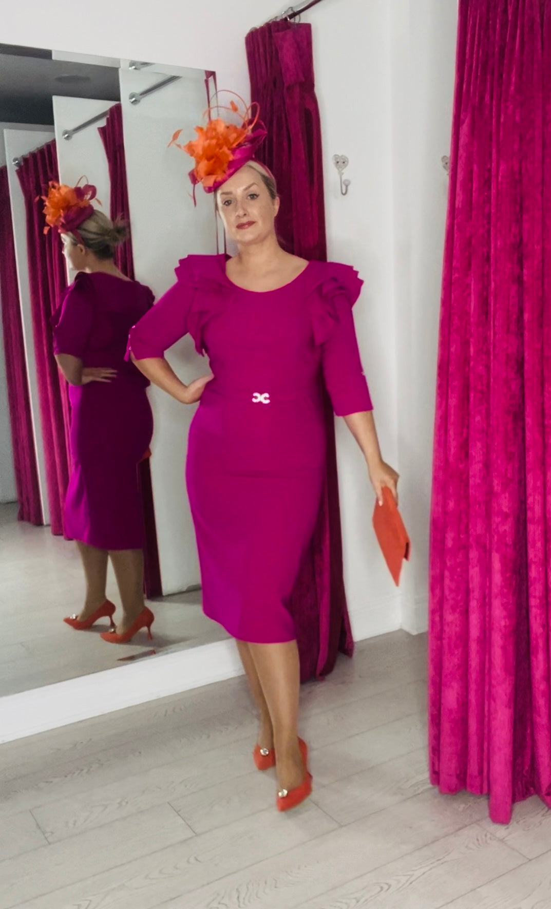 Fuchsia Statement Sleeve Dress With Belt