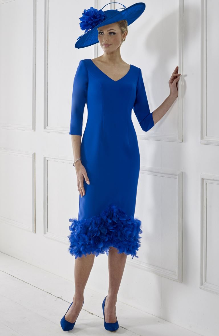 Cobalt Blue V-Neck Dress With Feather Detail