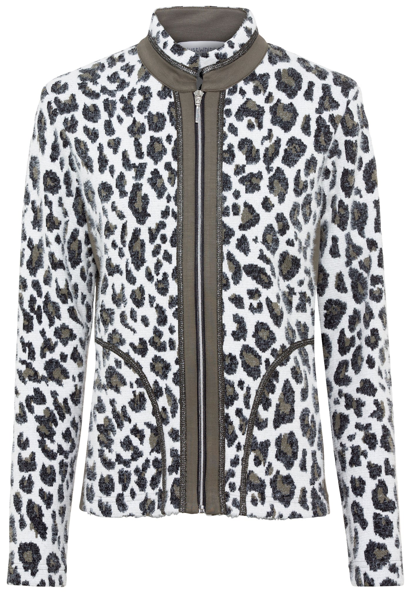 Leopard Print Zip Up Jacket With Khaki Trim