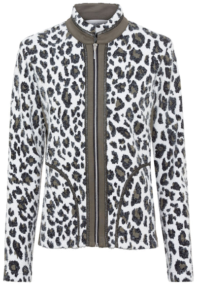 Leopard Print Zip Up Jacket With Khaki Trim