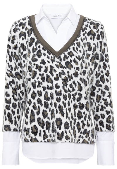 Leopard Print Jumper With Shirt Effect With Khaki Trim
