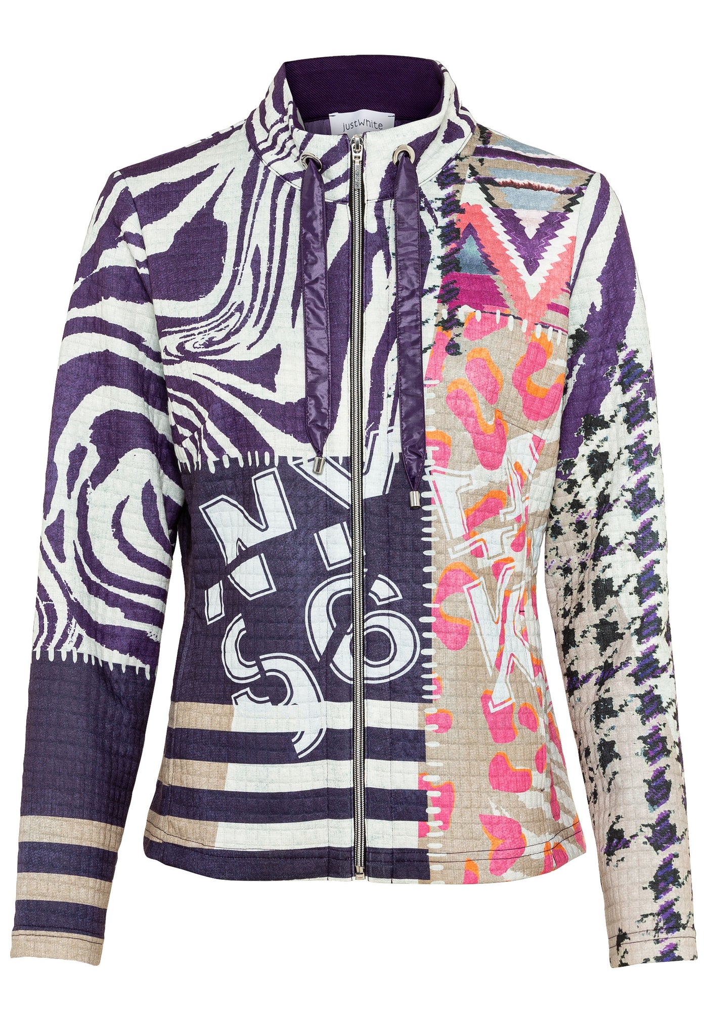 Multiprint Zip Up Jacket With Stripes and Drawstrings