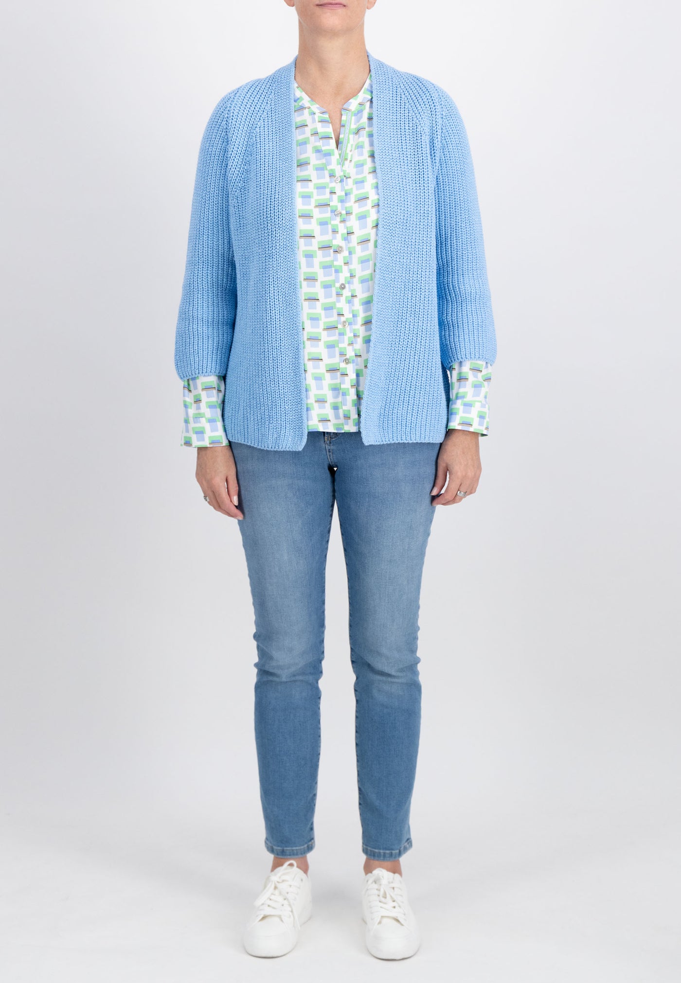 Blue Knitted Cardigan with 3/4 Sleeves