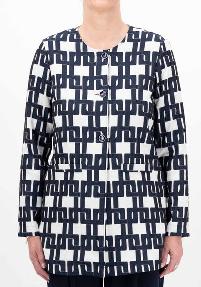 Navy & Cream Patterned Jacket with Faux Pockets and Button Closure