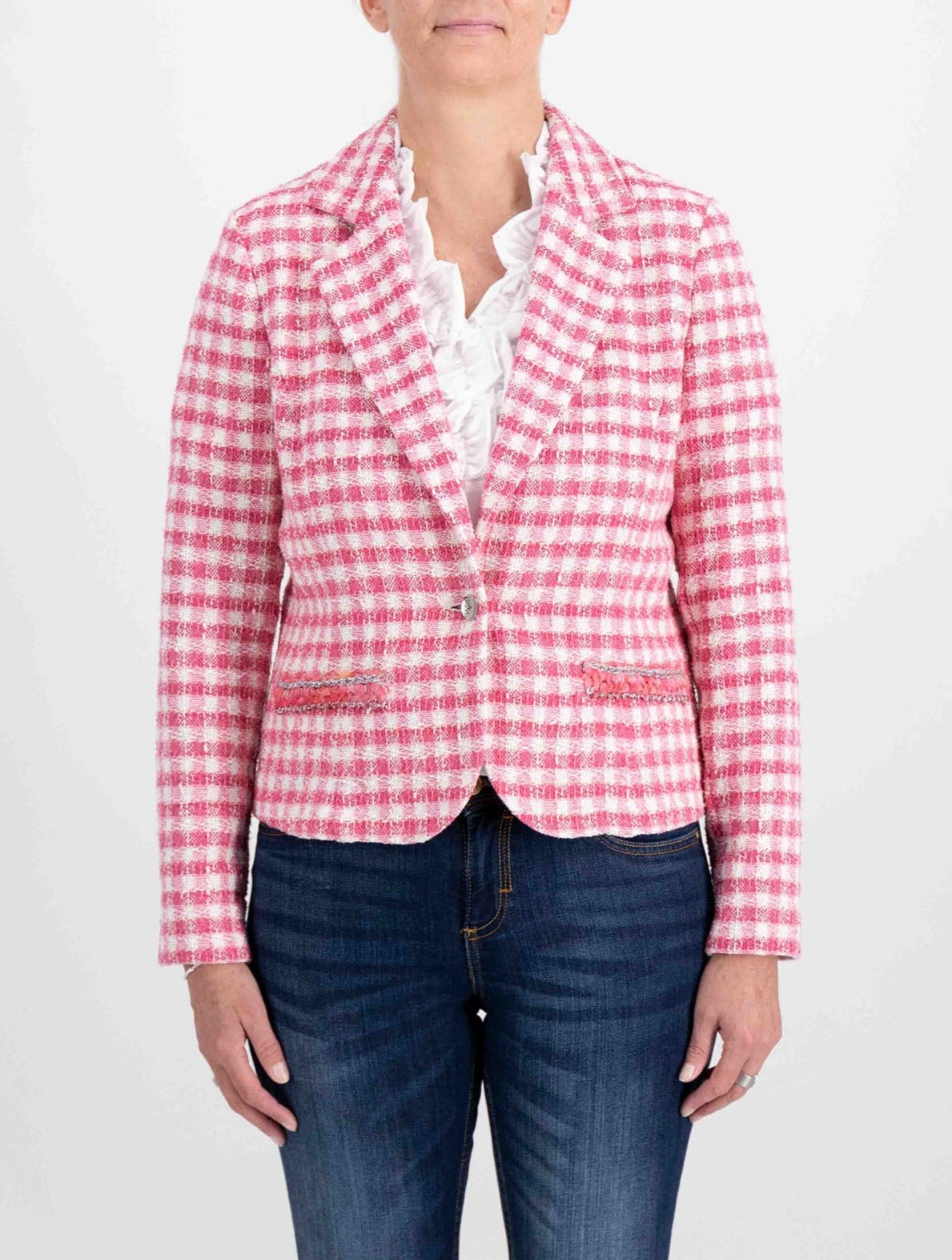 Pink & White Check Blazer with Front Button