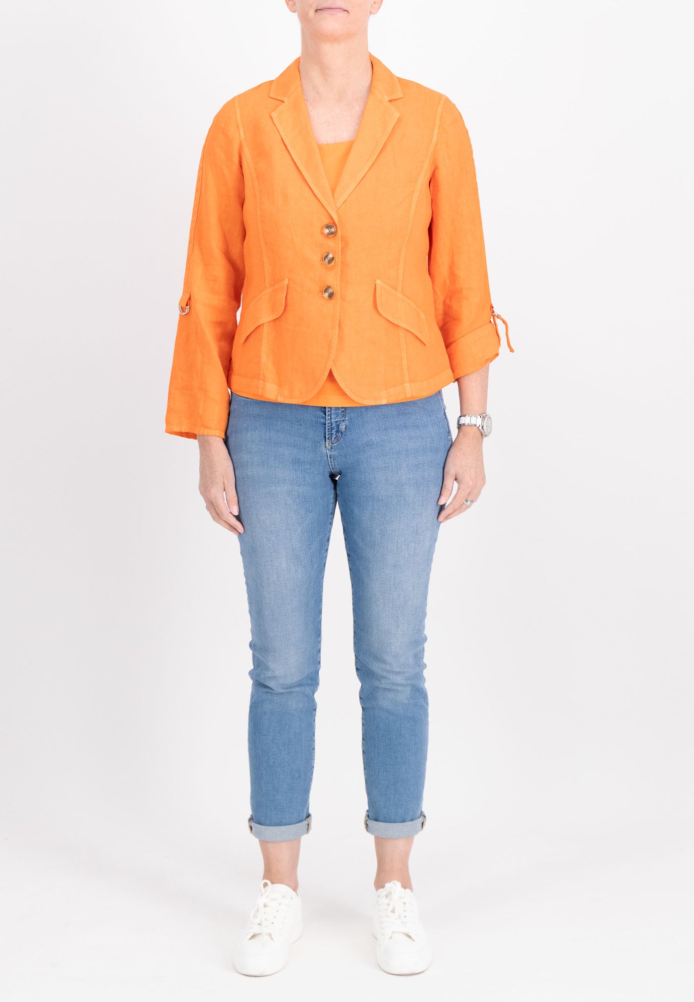 Orange Linen Jacket With Turn Up Sleeves