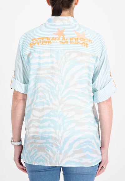 Aqua Orange & Beige Shirt With Graphic Print & Turn Up Sleeve Detailing