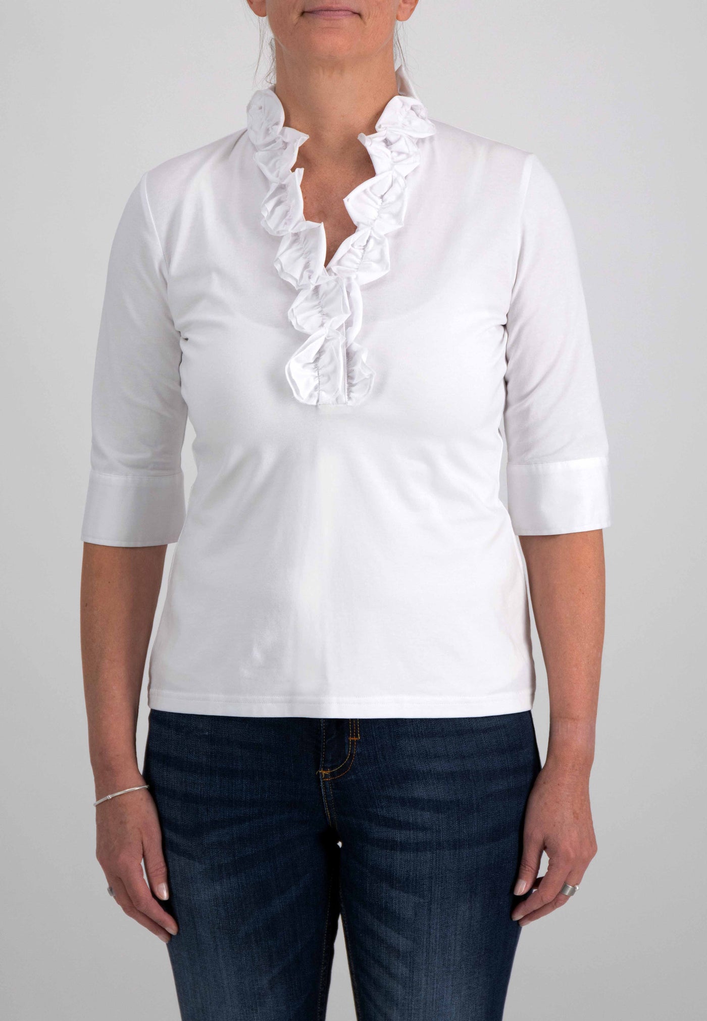 White V-NeckTop with Ruffled Neckline and 3/4 Sleeve