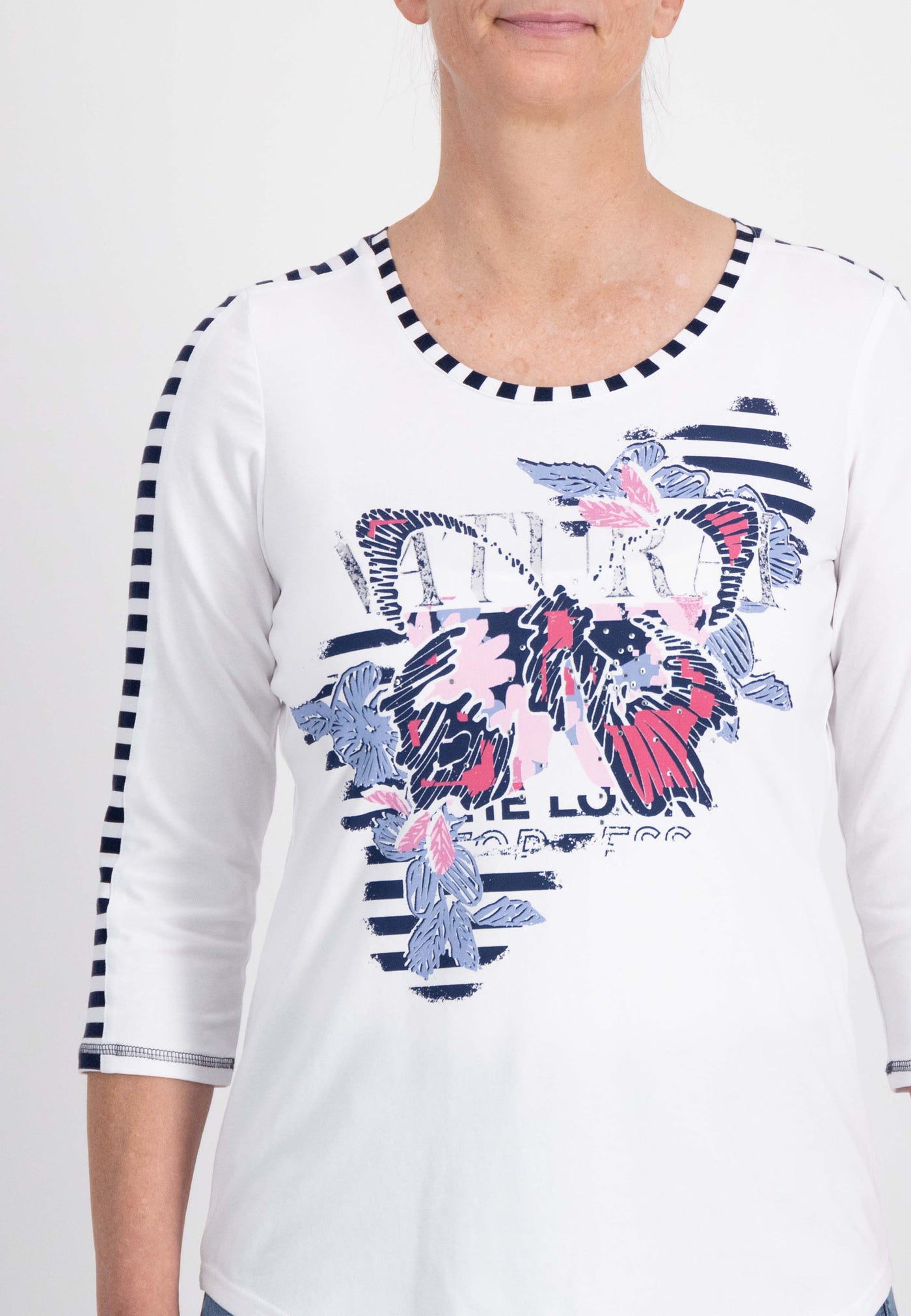 Pink, Navy & White Graphic Print Top with Stripe Details and 3/4 Sleeve