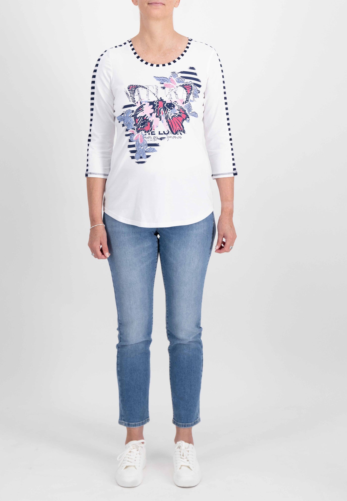 Pink, Navy & White Graphic Print Top with Stripe Details and 3/4 Sleeve