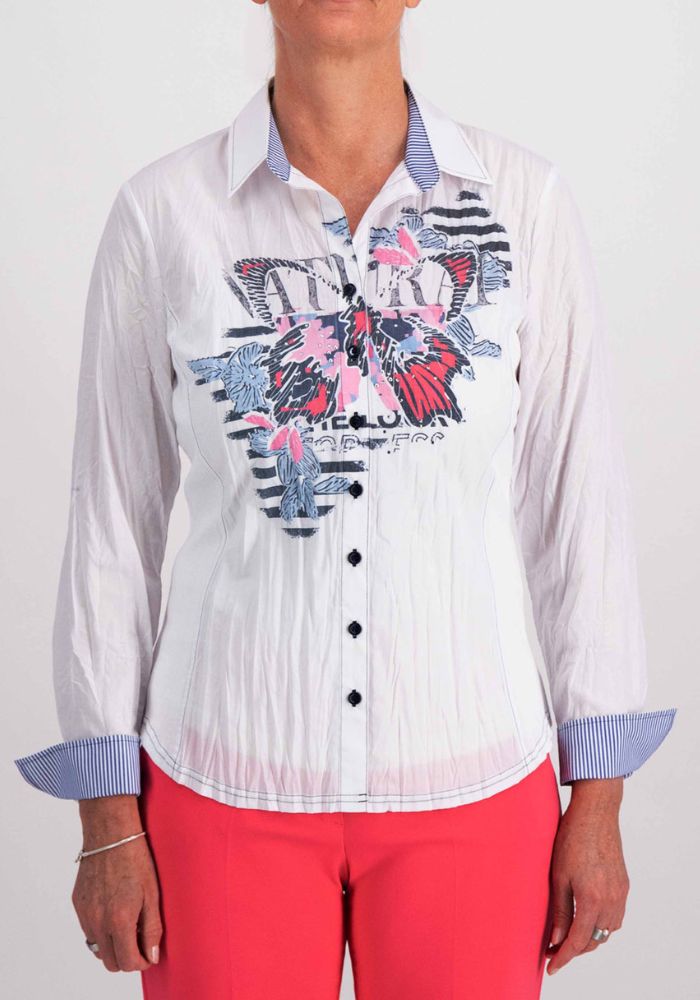 Graphic Print Blouse With Ribbed Sides & Striped Cuffs