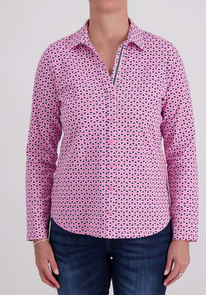 Pink,& Navy Geometic Print Soft Feel Top Button Detail and Collar