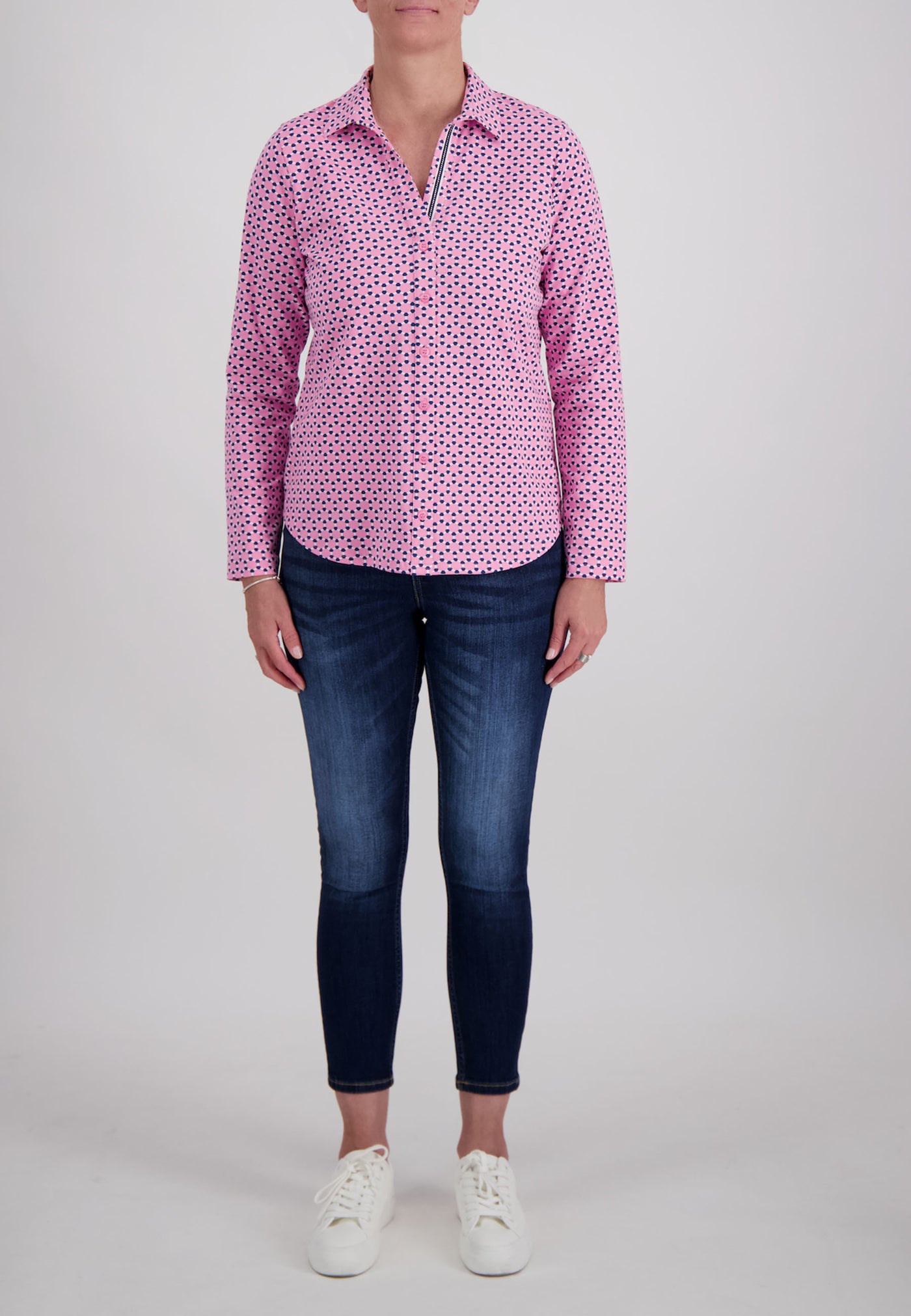 Pink,& Navy Geometic Print Soft Feel Top Button Detail and Collar