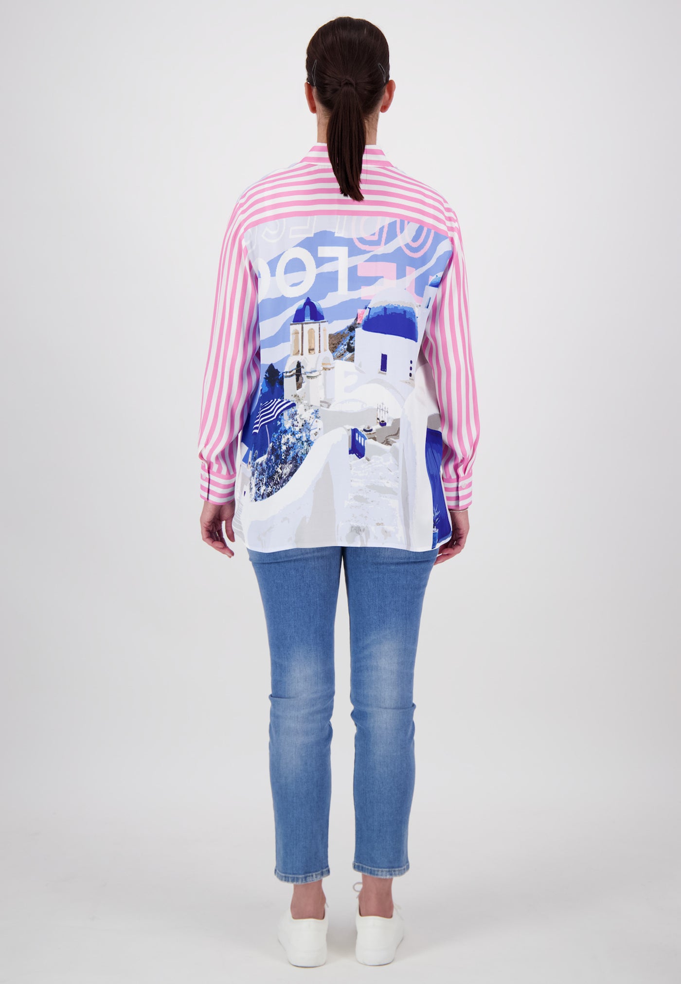 Pink & Blue Silk Feel Graphic Print Shirt with Hem Slit