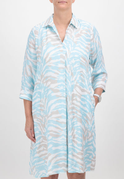 Blue & Brown Zebra Print Shirt Dress With Collar & 3/4 Sleeves