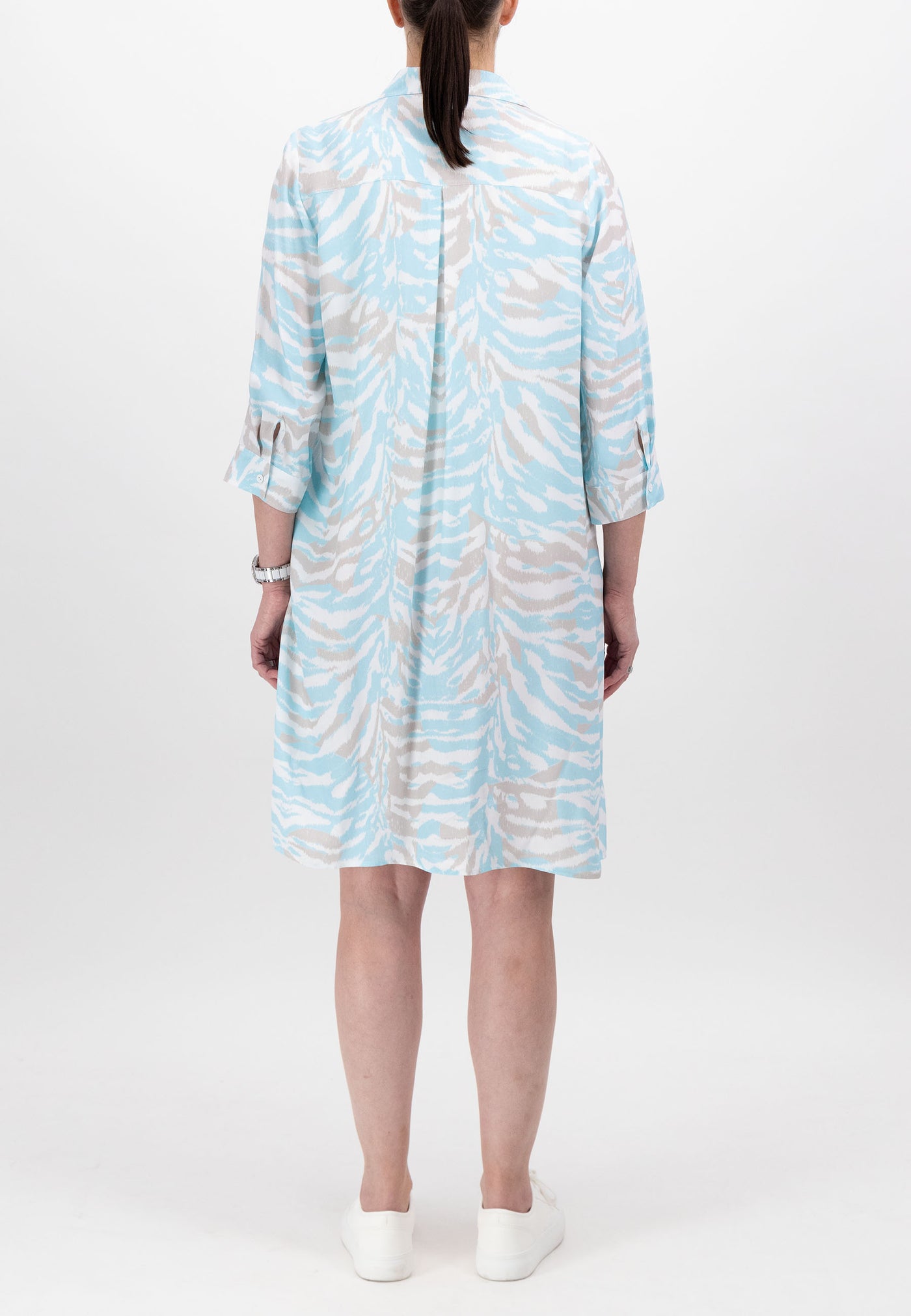 Blue & Brown Zebra Print Shirt Dress With Collar & 3/4 Sleeves