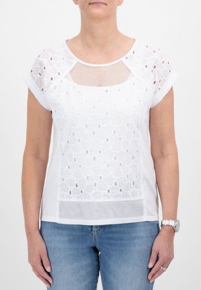White Round Neck Top With Mesh Detailing