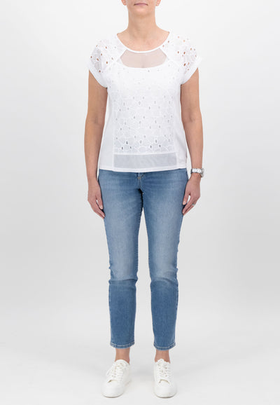 White Round Neck Top With Mesh Detailing