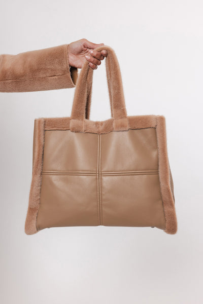 Brown Tote Bag With Faux Fur Trim