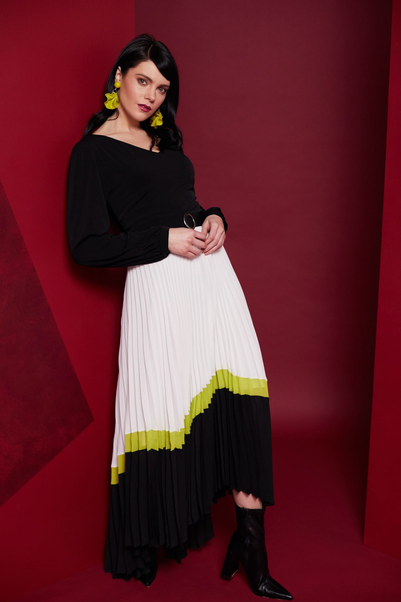 Pleated Dress With Lime Colour Stripe and Belt