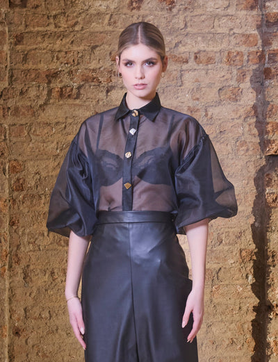 Black Organza Blouse with Bell Sleeve Detail