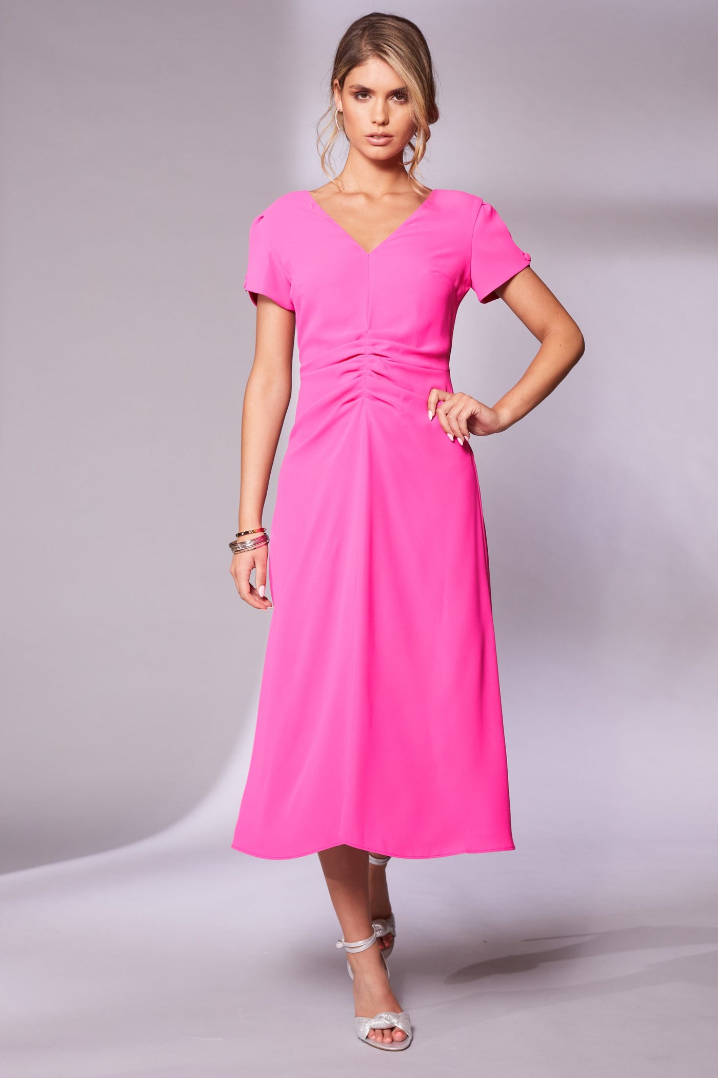 Hot Pink Dress With Ruching Mid Drift & Cut Out Shoulder