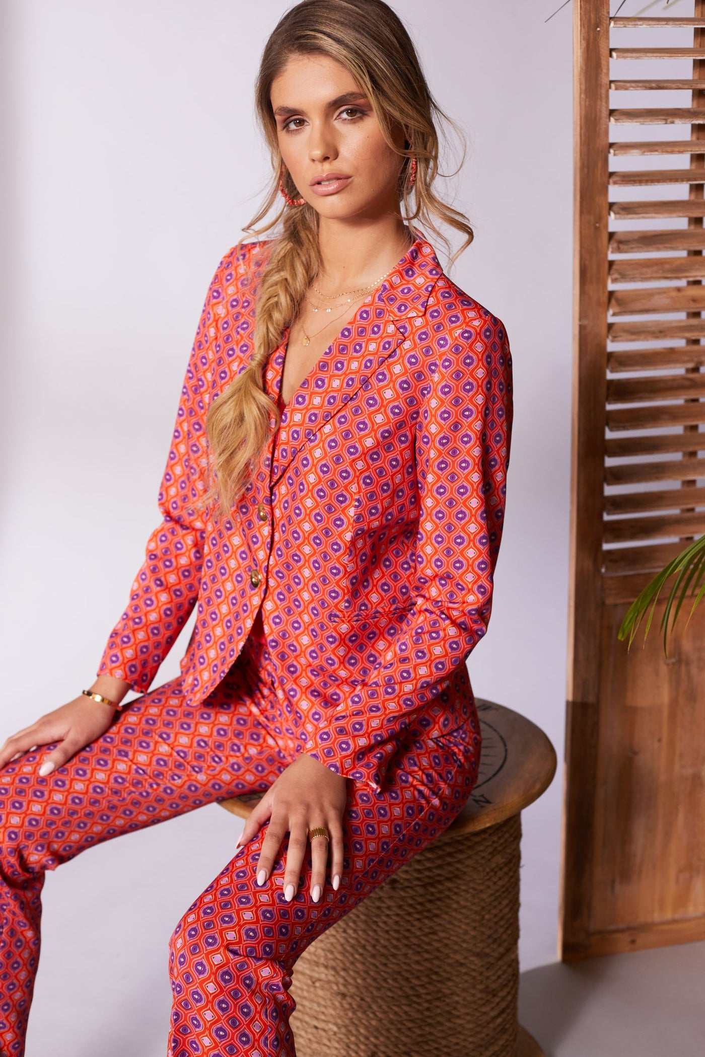 2 Piece Printed Trouser Suit With Gold Buttons