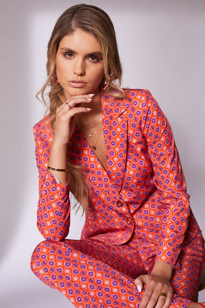 2 Piece Printed Trouser Suit With Gold Buttons