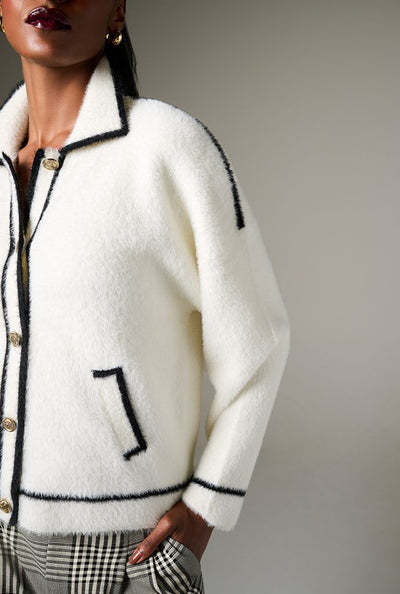 Cream Faux Fur Button Up  Cardigan With Black Trim