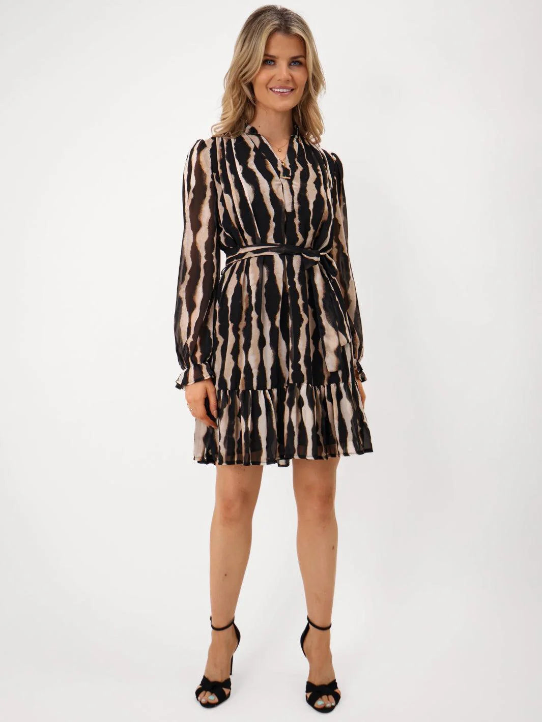 Venus Beige and Black Dress with V-Neck