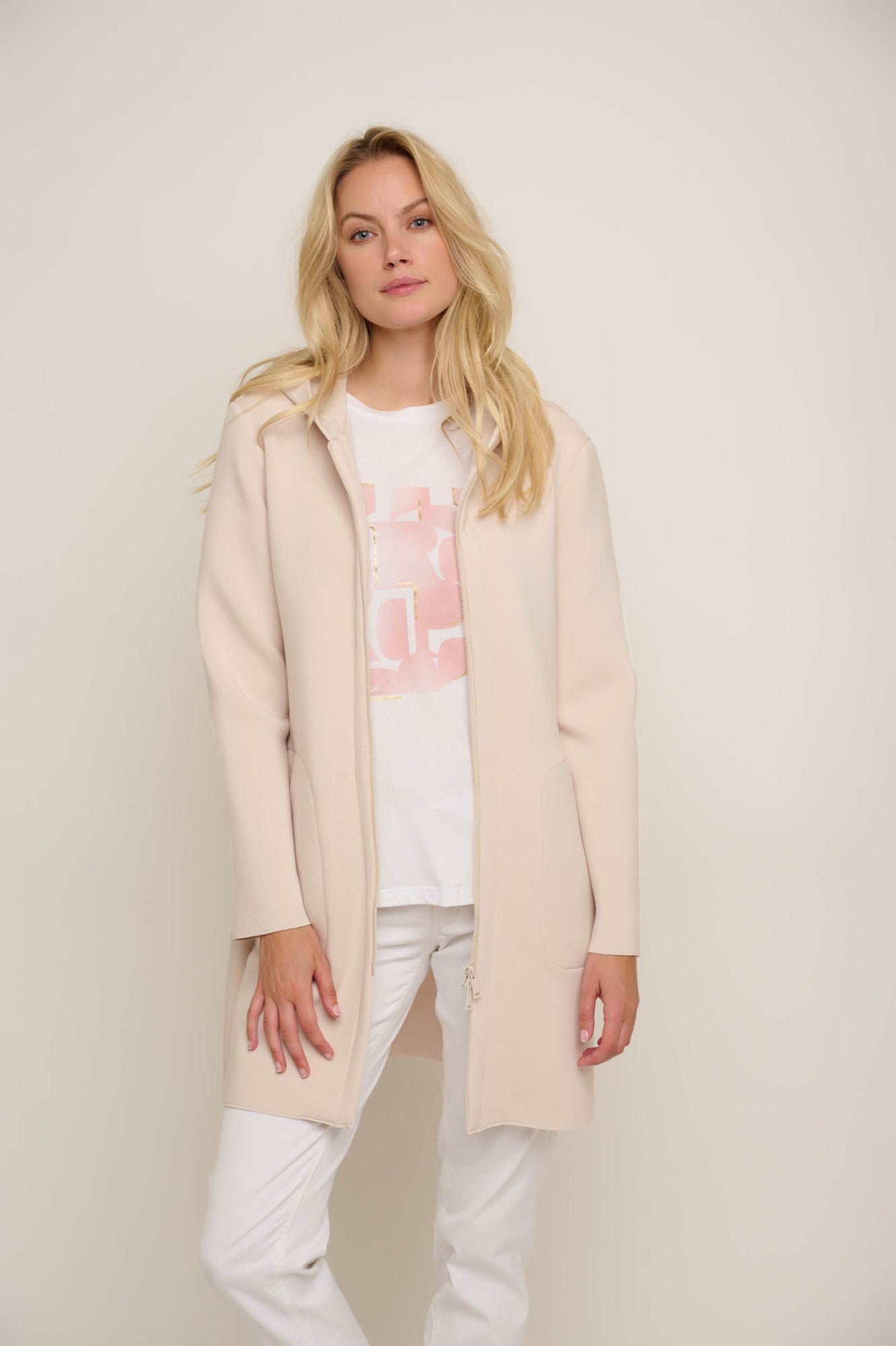 Cream Long Hooded Coat With Zip & Pockets