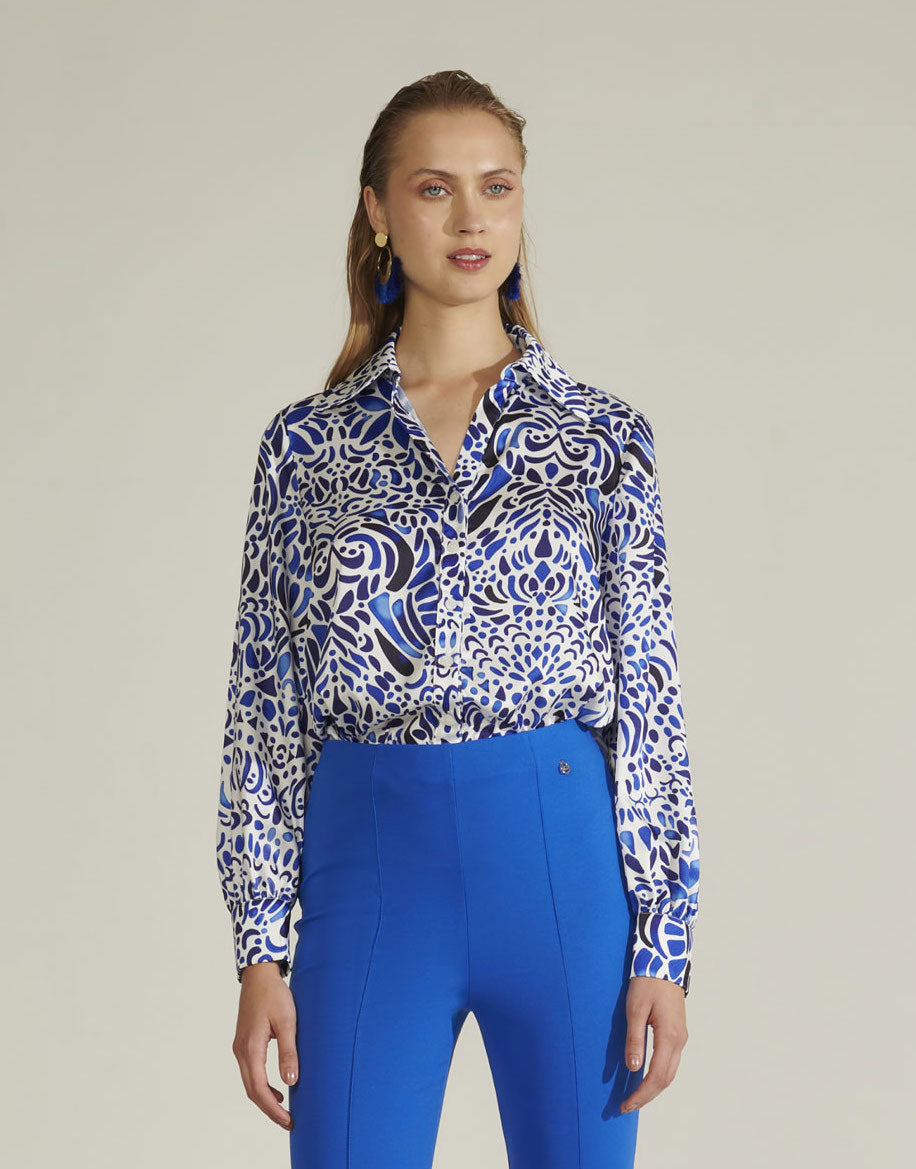 Royal Blue and White Abstract Floral Print Blouse