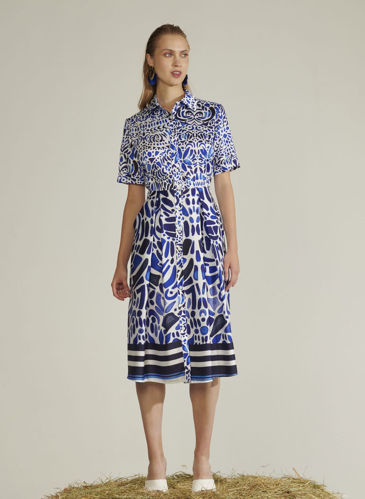 Royal Blue and White Abstract Floral Print Shirt Dress with Pockets