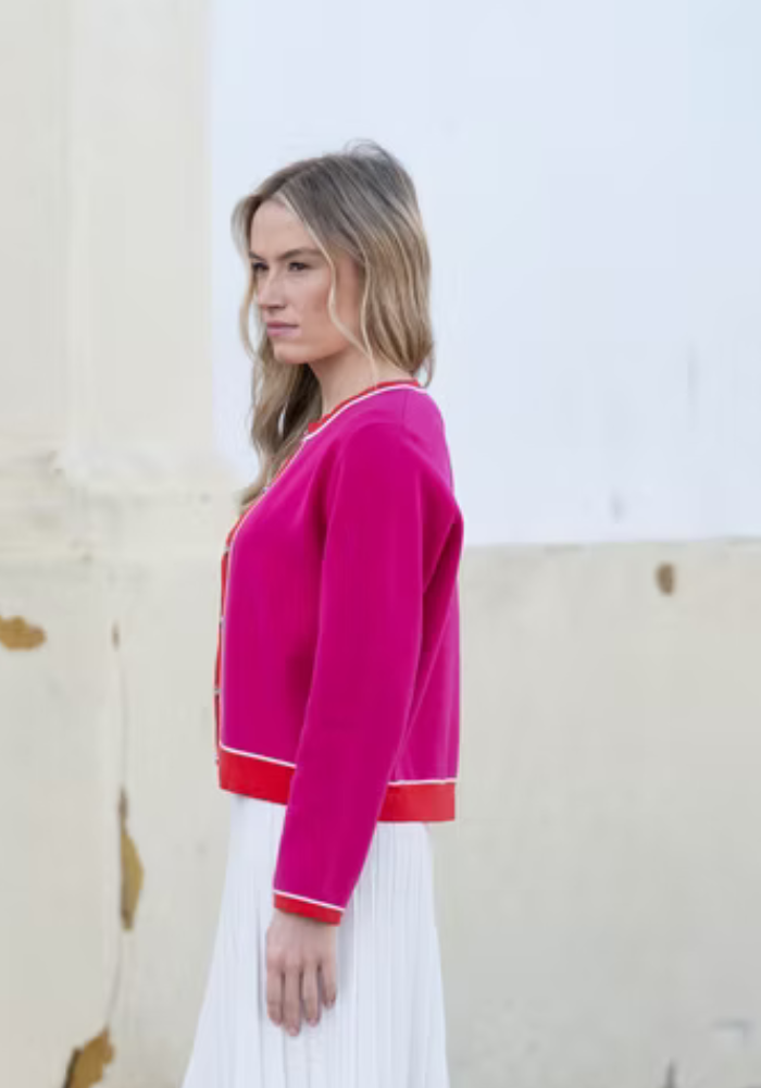Pink Cardigan with Red and Cream Piping