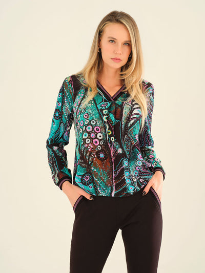 Peacock V-Neck Long Sleeve Top