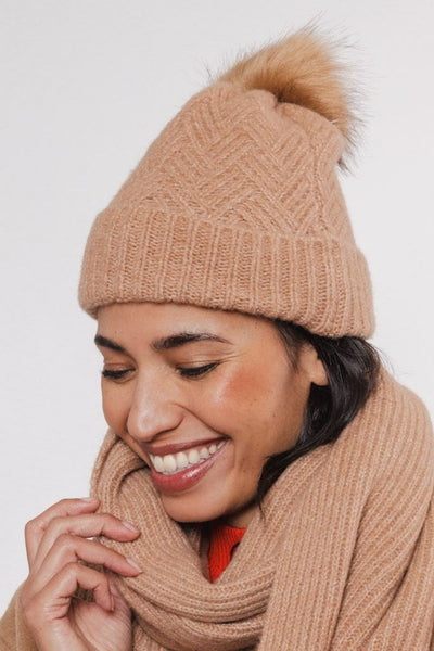 Tan Knitted Beanie with Pompon