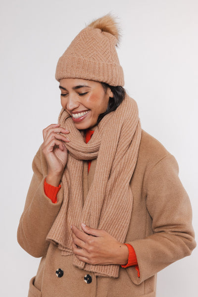 Tan Knitted Beanie with Pompon