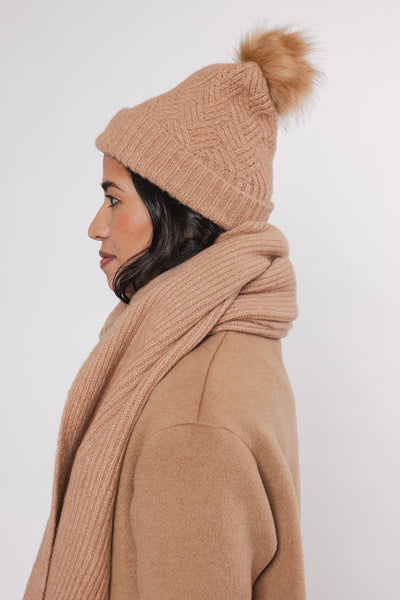 Tan Knitted Beanie with Pompon