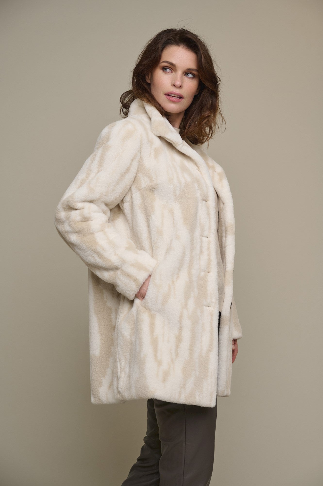 Beige Single Breasted Faux Fur Coat