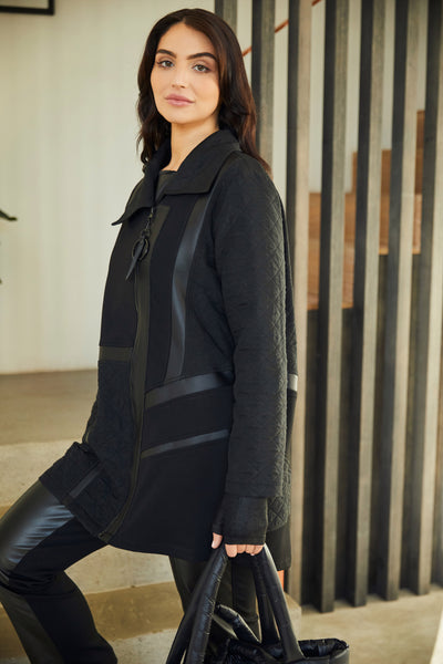 Black Quilted Coat with Contrast Panels & Front Zip