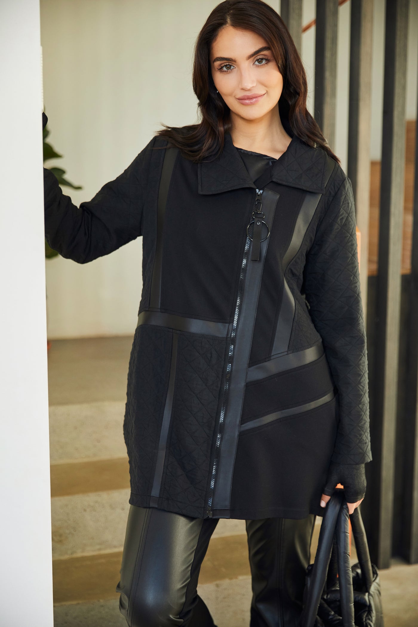 Black Quilted Coat with Contrast Panels & Front Zip
