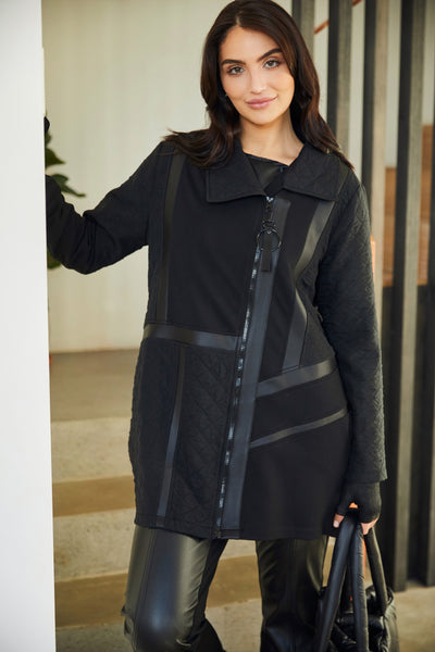 Black Quilted Coat with Contrast Panels & Front Zip