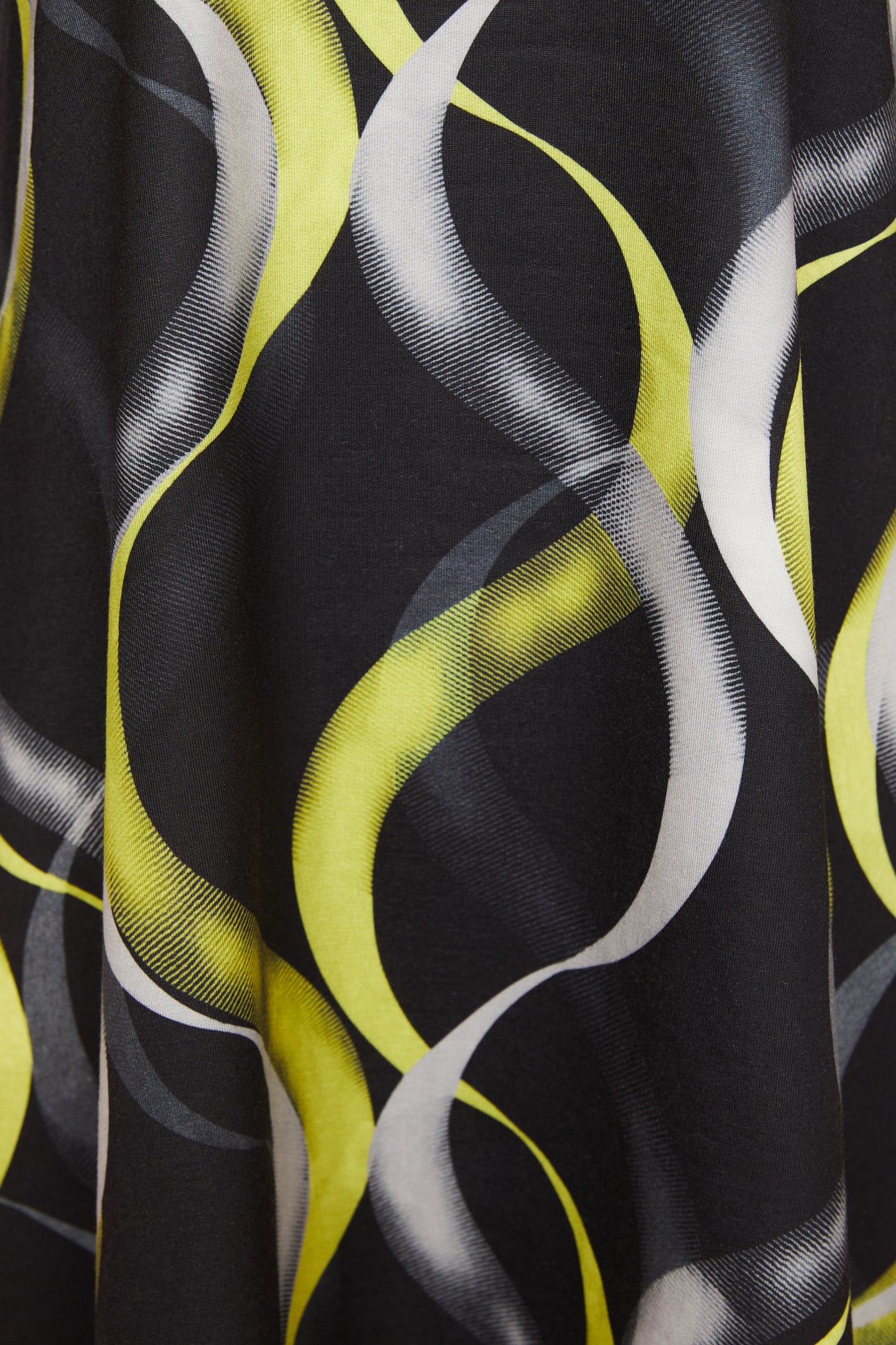 Black & Lime Round Neck Top with Wave Print & Contrast Sleeve