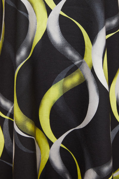 Black & Lime Round Neck Top with Wave Print & Contrast Sleeve
