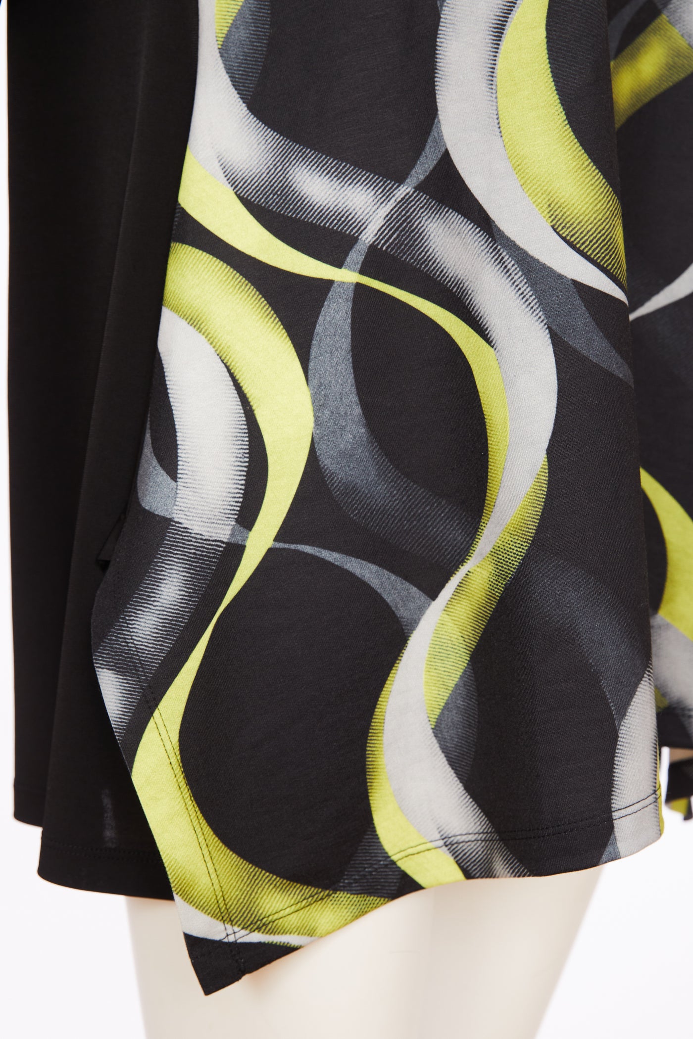Black & Lime Round Neck Top with Wave Print & Contrast Sleeve