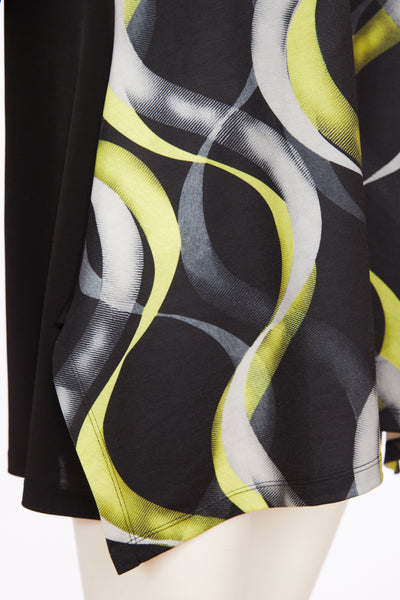 Black & Lime Round Neck Top with Wave Print & Contrast Sleeve