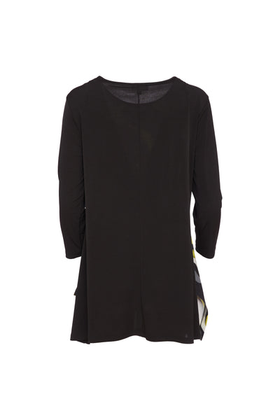 Black & Lime Round Neck Top with Wave Print & Contrast Sleeve