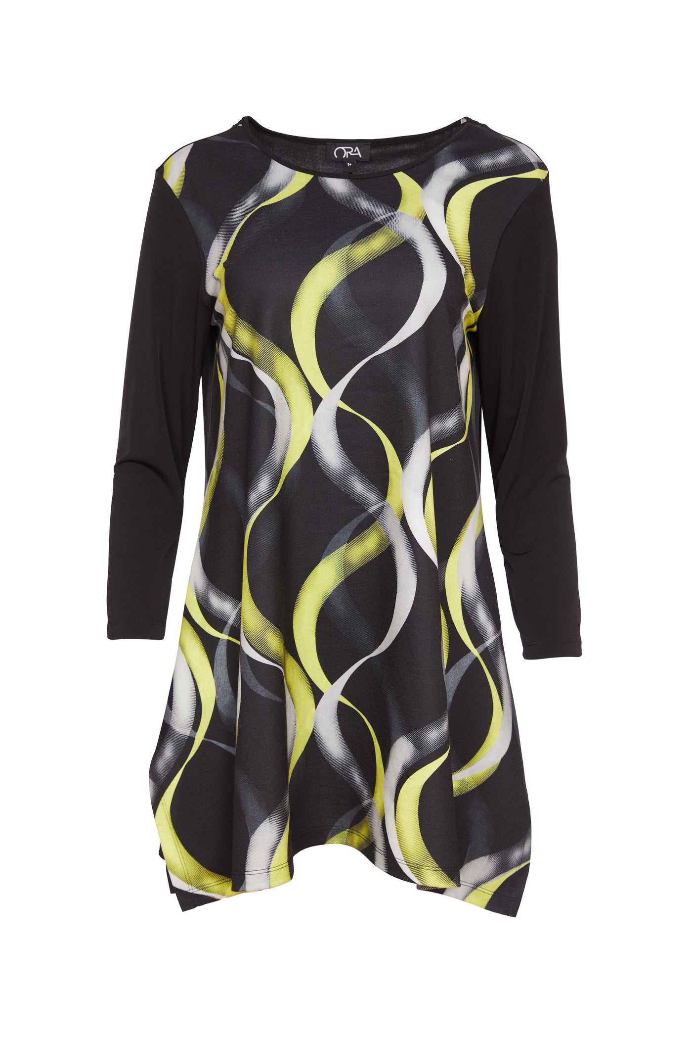 Black & Lime Round Neck Top with Wave Print & Contrast Sleeve