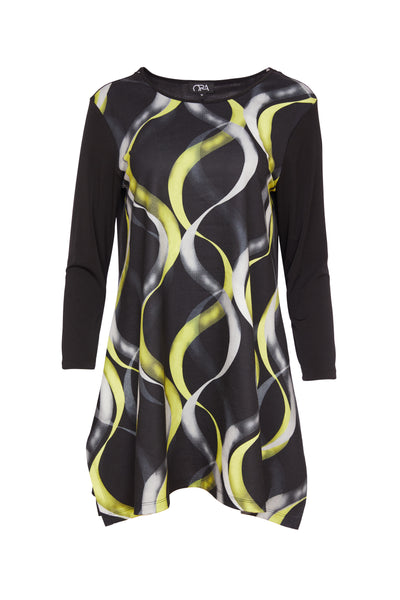 Black & Lime Round Neck Top with Wave Print & Contrast Sleeve