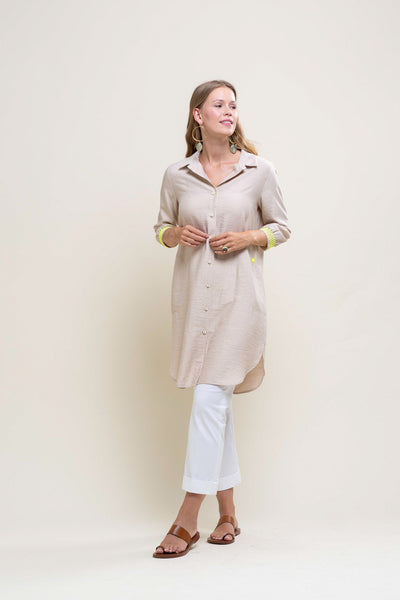 Sand Long-Line Button Up Coat With Pockets & Lime Green Cuff
